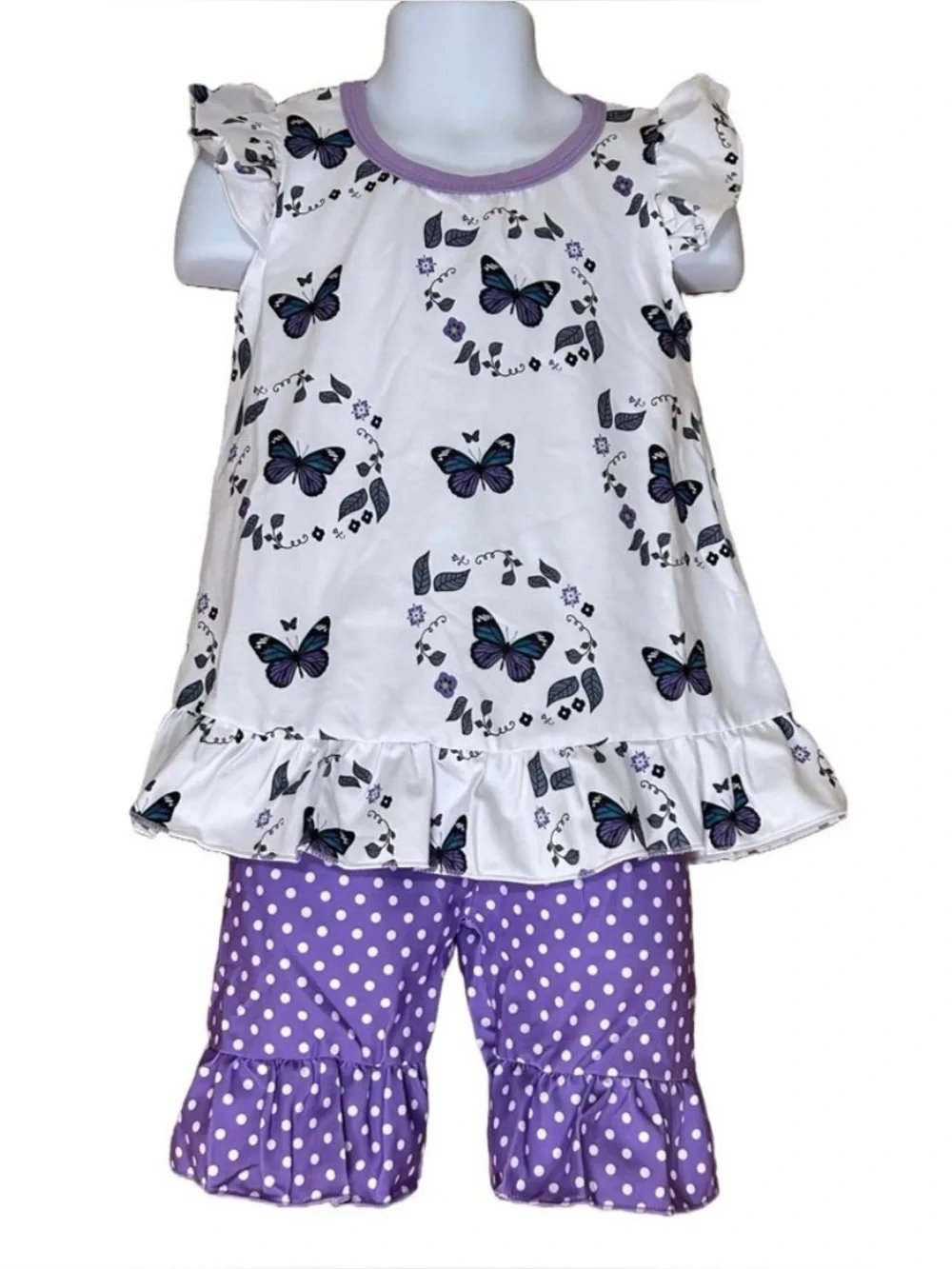 NEW Boutique Girl’s Butterfly Polka Dot Top & Ruffle Shorts Outfit Set